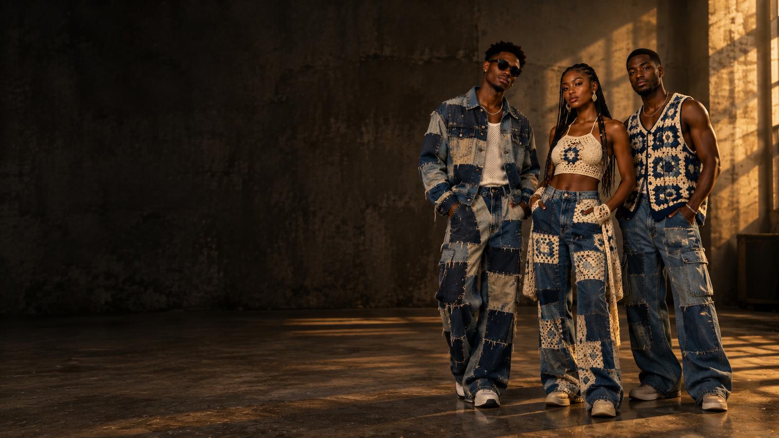 Three models in patchwork denim and crochet pieces in a dim industrial studio with warm light