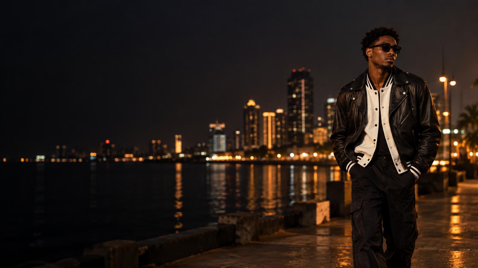 A man in a black leather biker jacket over a white varsity jacket walking along the Lagos waterfront at night