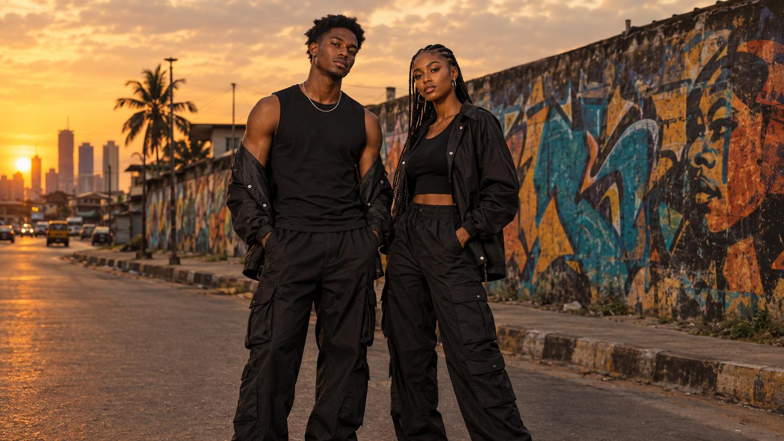 A man and woman in black streetwear standing in front of a graffiti wall on a Lagos street at sunset