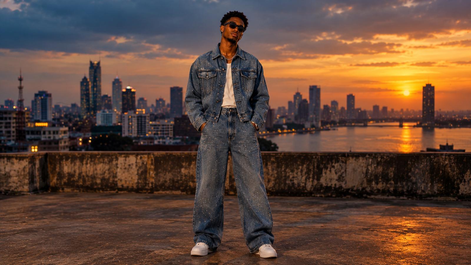 A man in a crystal-studded denim jacket and wide denim pants on a Lagos rooftop at dusk