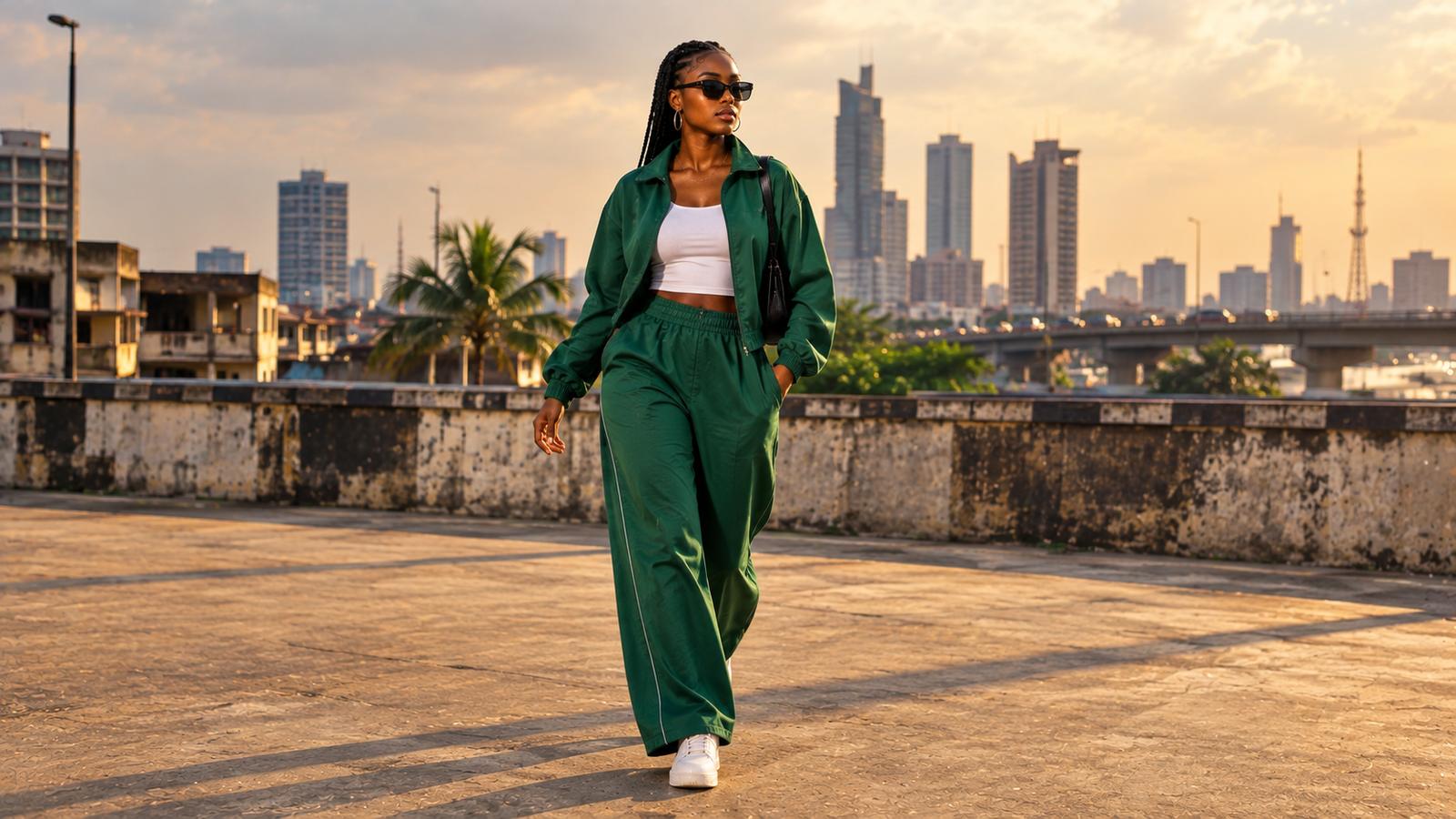 A woman in a green tracksuit walking through the city at golden hour